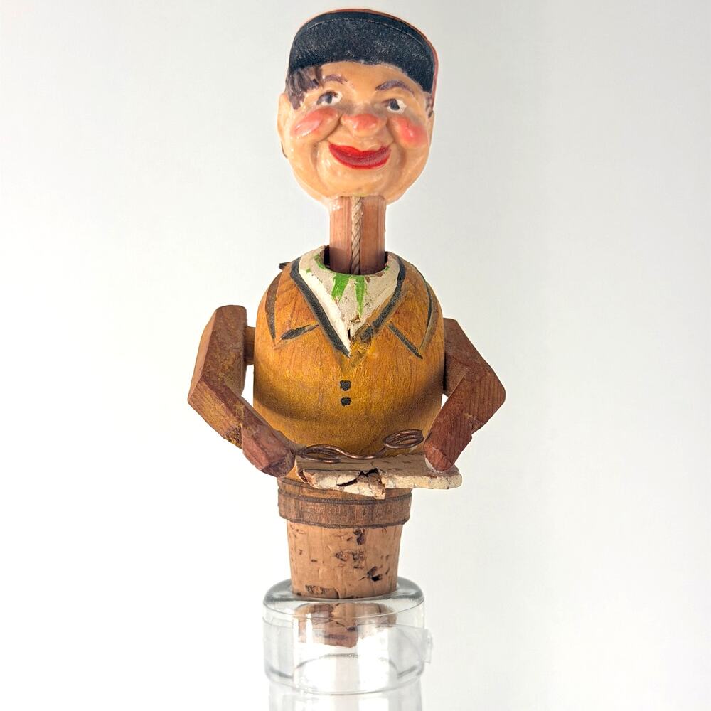 Anri Vintage Mechanical Bottle Stopper Carved Wood Cork Base